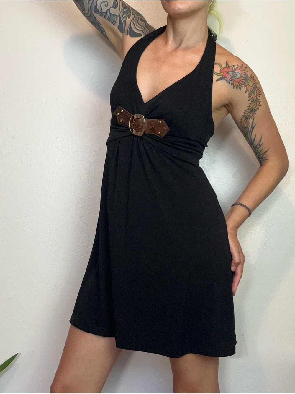 Cache Black Halter Mini Dress with Brown Buckle